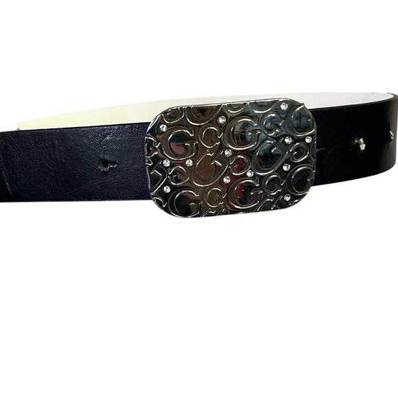 🌟3 for $35🌟 Guess Black Logo “G” Belt Silver Buckle, Rhinestone Adjustable Sz L - Picture 1 of 6